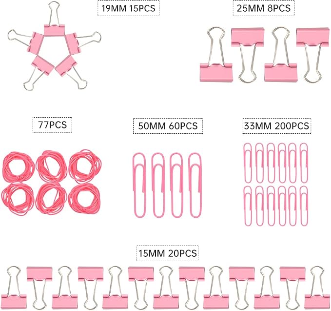 Pink Binder Clips Paper Clips,380 PCS Assorted Sizes Paperclips Paper Clamps Rubber Bands for Files, Papers, Home Supplies (Pink)