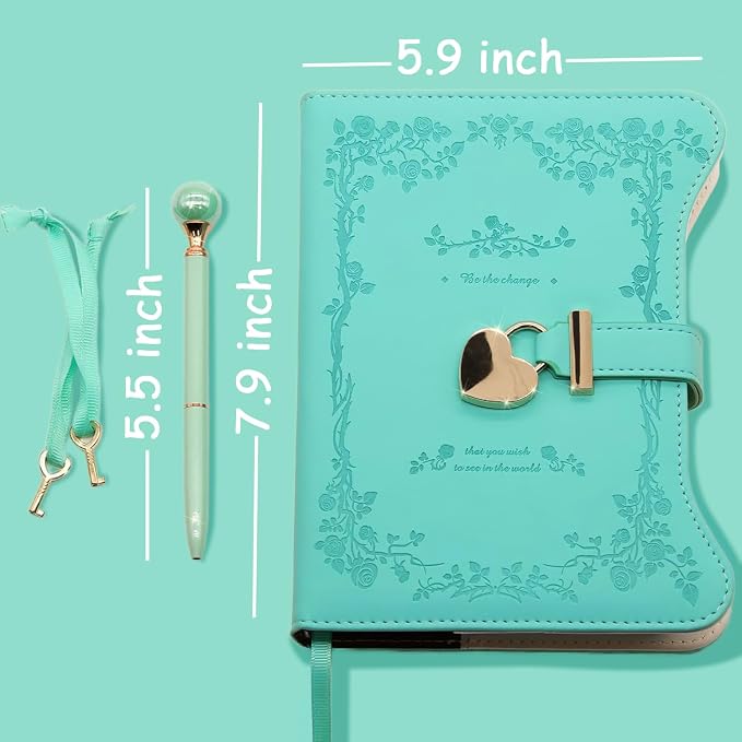 Hoci Poci Diary with Lock and Keys for Girls Gift Ideas, 360 Pages Journal | Elegant Gift Box for Teen Girls, B6 Gold Edged Pages Refillable Notebook with Pen and Bookmark for Writing, Garden Turquoise