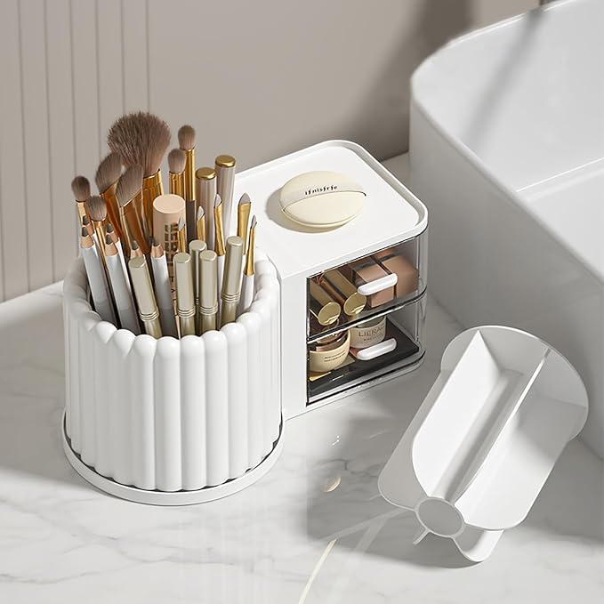 Rotating Makeup Brush Holder Organizer with Removable Dividers, White | 7 Slots Make Up Brush Organizer with Drawer 360 Spinning Cosmetic Storage Pen Holder for Desk, Vanity, Dresser