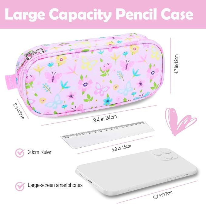 RHCPFOVR Kids Pencil Case for Girls-Soft Zipper Large Capacity Pencil Pouch for Girls Pencil Case for School Pencil Bag for Toddler (Pink Butterfly)