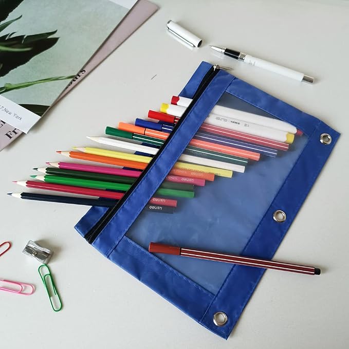 YoeeJob Binder Pouches for 3 Ring Binder, Pencil Pouch Pen Holder Case with Clear Window, Zipper Stationery Bag for School Class Office,24 Pack, Blue