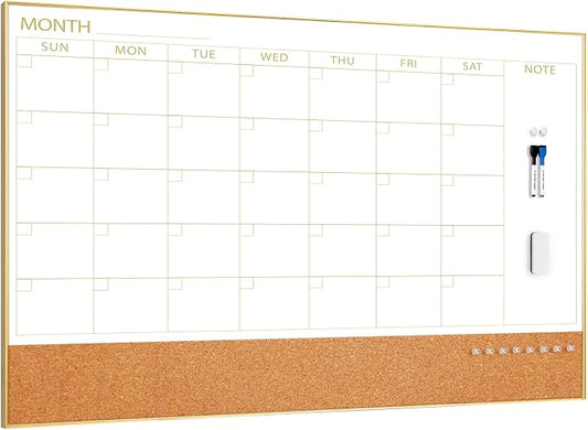 ARCOBIS Large Dry Erase Calendar with Cork for Wall, 48"x 30" Magnetic Calendar Whiteboard with Gold Frame, Monthly Combination Board for School, Home, Office