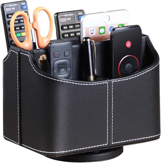 Remote Control Holder,360°Rotatable Office Desk Stationery Supply Organizer | PU Leather Desktop Storage Box for Media Controllers,Bedside Table Spinning TV Remote Caddy for iPad,Mobile,Pencil,Makeup