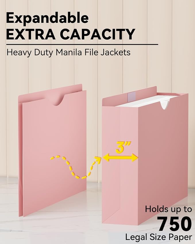 ANSOOK Plastic File Jackets,3" Legal Size Manila File Folder,12 Pack Expandable Project File Folders,Expanding File Jacket Folders for Cabinet,Straight Cut Tab,Manila Job Folder for Home Office