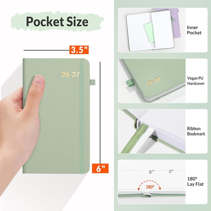 SUNEE 2026-2027 Pocket Weekly Planner for Purse 3.5" x 6" - 12 Month (July 2026 - June 2027) Academic Year Calendar, Pocket Size Planner, Hardcover, Note, 100 GSM Paper, Sage Green