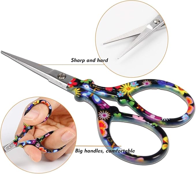 Classic 3.6" Sewing Scissors with Premium Leather Sheath-Hisuper Sharp Embroidery Scissors,Vintage Decorative Shears for Needlework,Cross Stitch,Crochet Accessories,Craft DIY Tool-Black Floral