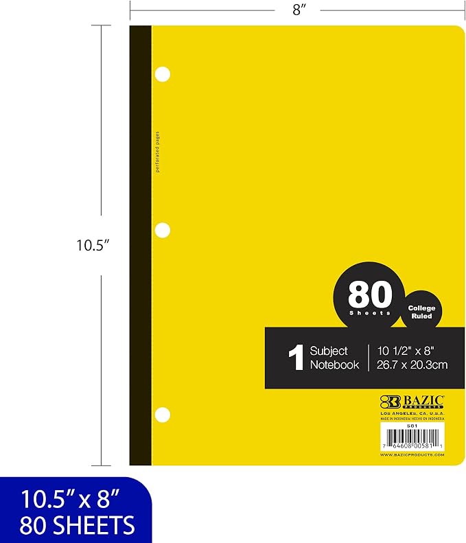 BAZIC PRODUCTS 1-Subject Wireless Notebook, College-Ruled, 80 Ct, 6 Titles | 80 college-ruled sheets, flat glue-bound spine, 10.5 x 8 in, No wire to snag