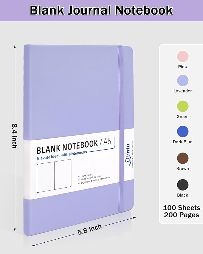 Dynta Blank Journal Notebooks for Women Men, 6 Packs A5 Hardcover Sketchbook, 200 Pages/100 Sheets Unlined Paper, 6 Colors, 5.8" x 8.4" Plain Journals bulk for Writing, Sketching, Drawing