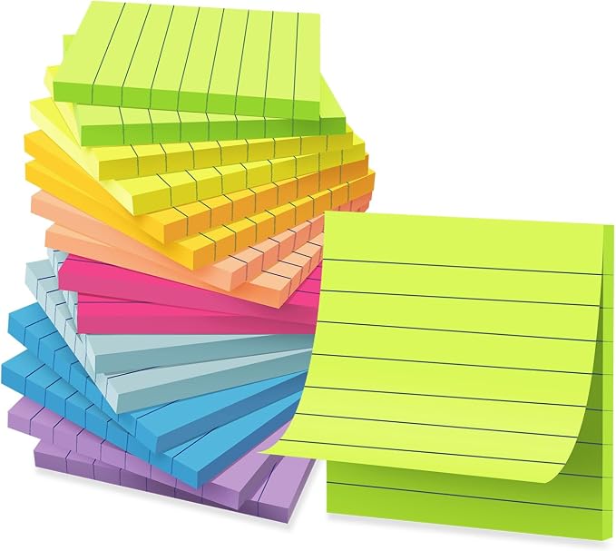 (16 Pack) Lined Sticky Notes 3x3 in Ruled Stickies Super Sticking Power Memo Pads Bright Colors, Post on Windows Doors,Recyclable,Easy to Write on
