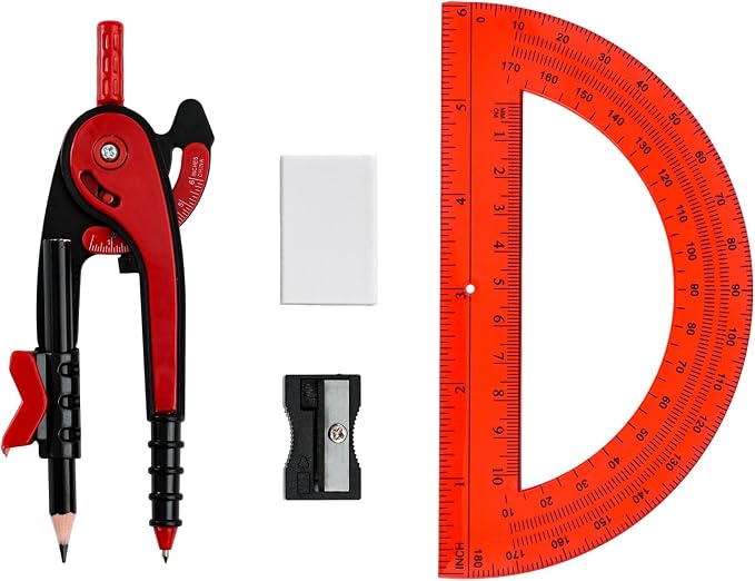 Vobou Compass for Geometry Set, 6 Inch Protractor, Clear Plastic (Red) | 6 Inch Compass, Sharpener and Eraser, Easy Grip, Drafting Tool for Scool, Art, Drawing Precision Design for Math