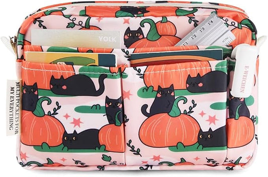 E-WEICHEN Multiple Pockets Portfolio Organizer with Zippered, Makeup Bag Travel Essentials for Women, Simple Waterproof Stationery Pencil Pouch Bag for Journal Office Art Supplies.Pink Pumpkin
