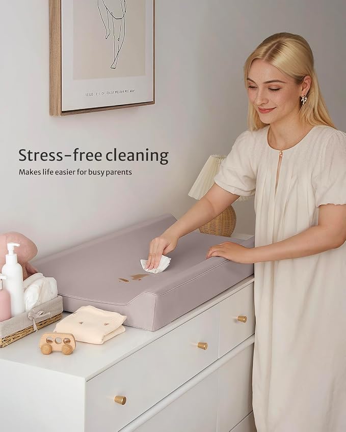 Blissful Diary Vegan Leather Baby Changing Pad with Waterproof & Wipe-Clean PU Cover, Standard Size Cozy Diaper Changing Pad for Dresser and Table, Taupe