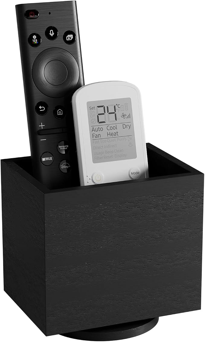 360° Rotating Remote Control Holder, Wooden TV Remote Holder for Table, Desk Organizer Caddy Media Storage Box Ideal for Living Room, Bedroom, Office Desk (Black)