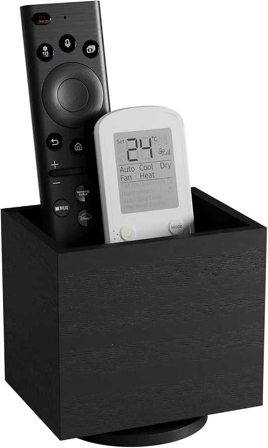 360° Rotating Remote Control Holder, Wooden TV Remote Holder for Table, Desk Organizer Caddy Media Storage Box Ideal for Living Room, Bedroom, Office Desk (Black)
