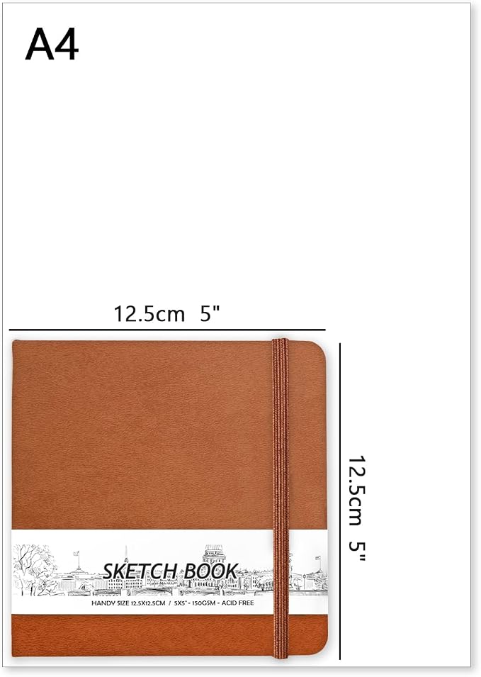 5" x 5" Hardcover Sketch Book,58 Sheets Small Mixed Media Pocket Sketch Pad | PU Cover,150 GSM Acid Free Artist Drawing Paper,Travel Journal Blank Notebook for Adults Sketching,Illustration.