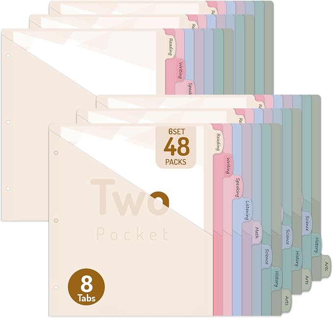 Forvencer 48 Count Dividers with 2 Pockets, 8 Tabs Binder Dividers for 3 Ring Binder, Binder Dividers with Tabs for School Office Organization, Multicolor, Letter Size, 6 Sets