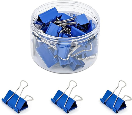 Temiary 24 Pcs Binder Clips, 1.26 Inch Medium Metal Binder Paper Clip with Container, Blue Paper Clamps Bulk for Office, Home, School Supplies