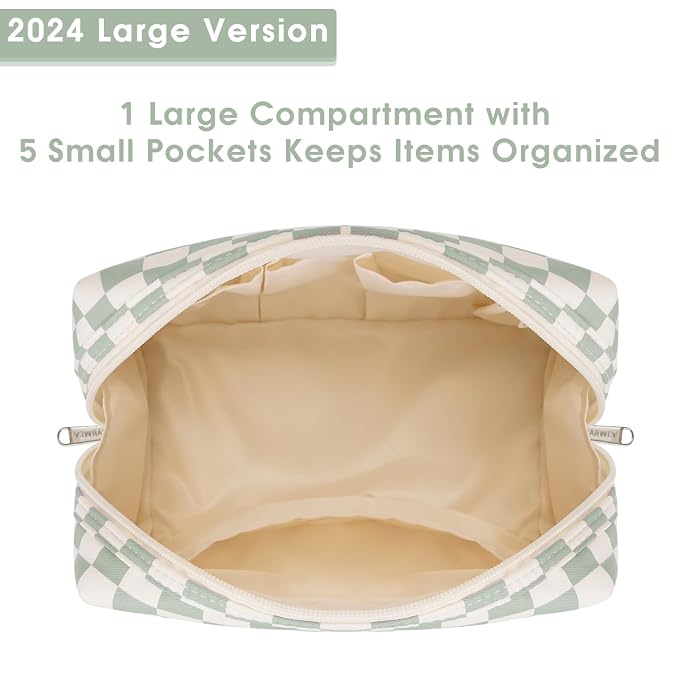 Narwey Checkered Makeup Bag Travel Cosmetic Bag Organizer Toiletry Bag Make Up Bags with Compartments for Women Girls (Large, Mint Green Checkerboard)