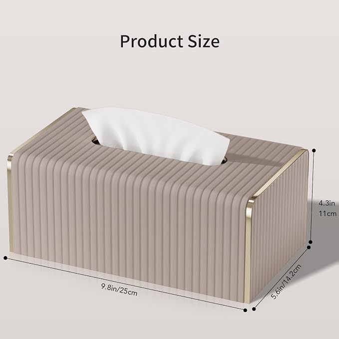 Tissue Box Cover,Beige Rectangle Leather Tissue Box Holders with Gold-Tone Edging Accents,Decorative Tissue Covers for Bathroom Toilet Bedroom Living Room Table Desk Office Car