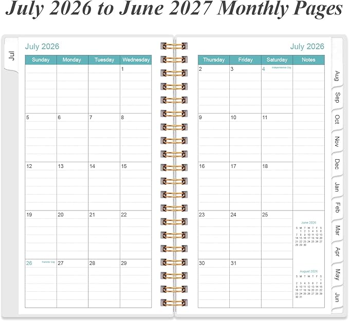 2026-2027 Pocket Planner/Calendar - 2026-2027 Planner from July 2026 - June 2027, Planner 26-27 with 12 Tabs, Twin-Wire Binding, Inner Pocket, 3.75" x 6.75, Teal Flowers