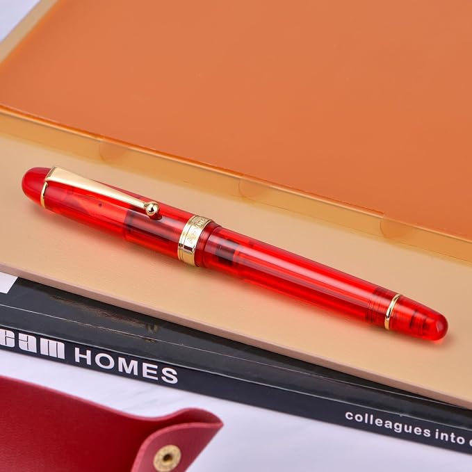 Asvine V126 Vacuum Filling Fountain Pen Extra Fine Nib, Transparent Red Acrylic, Large-Capacity with Gift Case