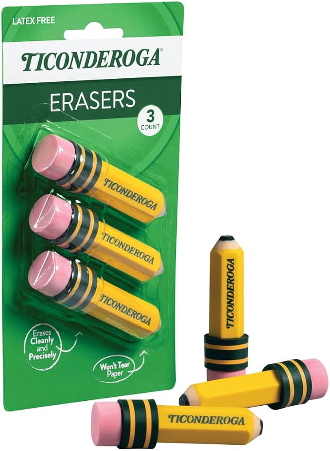 Ticonderoga Pencil Shaped Erasers, 3 Erasers/Pack, 12 Packs | Yellow, 0.75" x 2.875", #38953