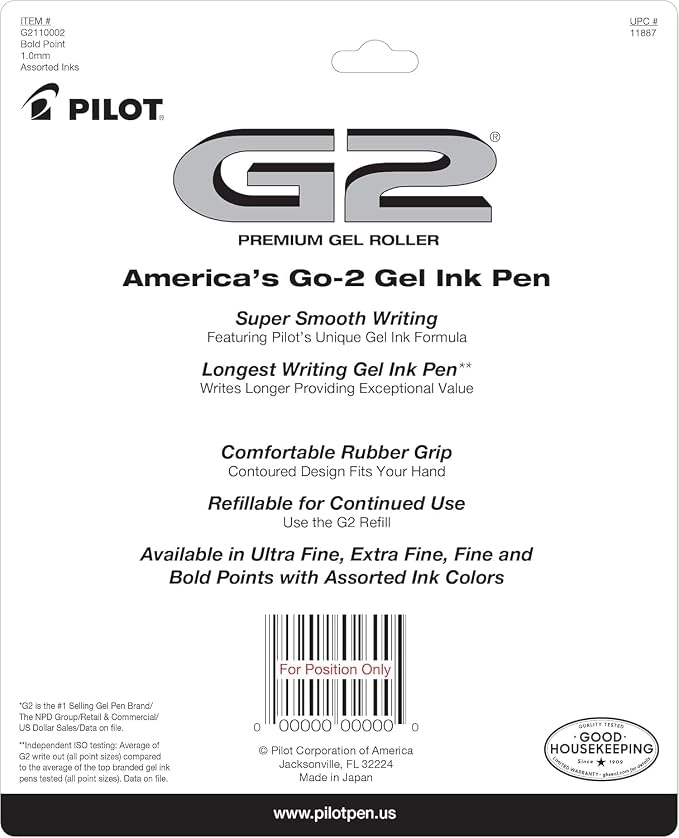 Pilot G2 Premium Retractable Gel-Ink Rolling Ball Pens, Bold Point (1.0mm), 1.0 Gel Pens, Assorted, 10-Pack - Ideal for School, Journaling, & Office Writing