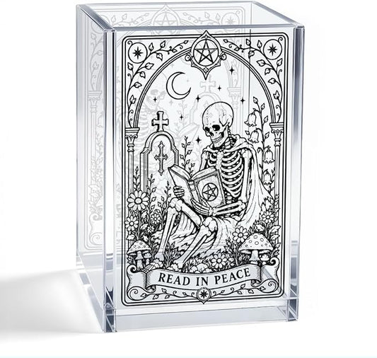 Read In Peace Acrylic Pen Holder, Gothic Skeleton Reading Book Desk Pencil Cup Organizer, Book Lover Office Desk Accessory, Halloween Bookworm Gifts for Women Librarian Reader Book Lover