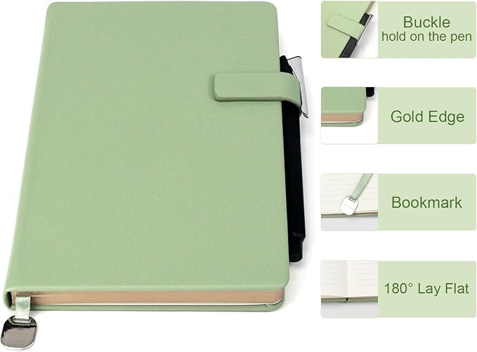 A5 Hard Cover Lined Notebook, Pen Holder & Gold Edges, 180° Lay Flat Journal, Large 5.7 x 8.4 in, Bookmark & Gift Box, Business Notebook for Work, Study, Travel(Grass Green)
