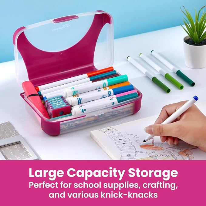 LockerMate by Bostitch Hard Pencil Case, Durable Plastic Pencil Box, Kid-Friendly Design, Fuchsia & Clear
