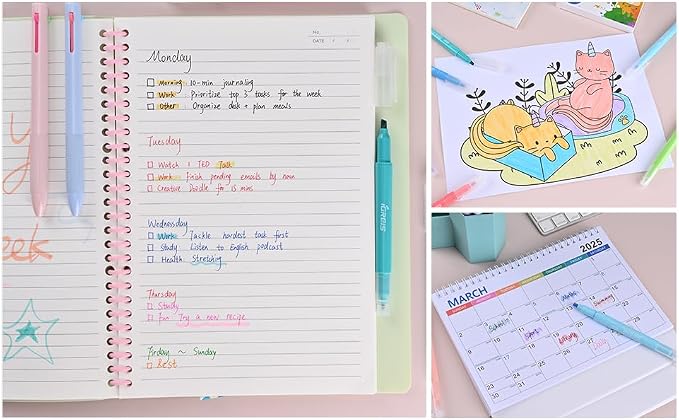 10 Pcs Aesthetic Highlighters and Gel Pens Set - 8 Colors Dual Tip Pastel Highlighters (Chisel & Fine Tips) & 2 Pcs 3-in-1 Multicolor Gel Pens for Journaling, School Supplies, Textbooks