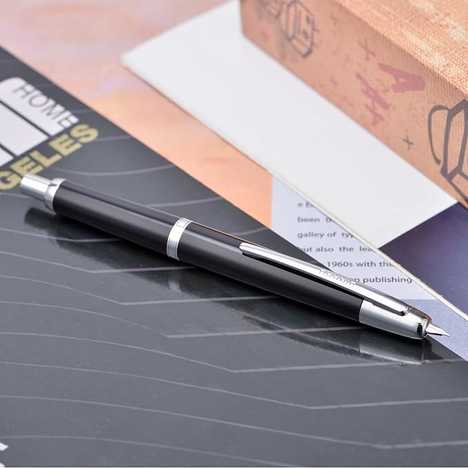 Jinhao 20 Press Retractable Fountain Pen Medium Nib with Converter Resin Writing Gift Pen, Vivid Black