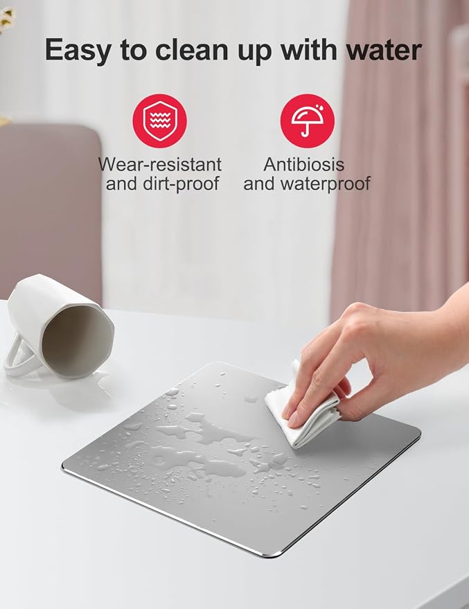 Vaydeer Hard Metal Aluminum Mouse Pad Clear Modern Smooth Magic Ultra Thin Double Side Design Mouse Mat Waterproof Fast and Accurate Control Compatible for Gaming and Office, Silver, 9.45X7.87 Inch