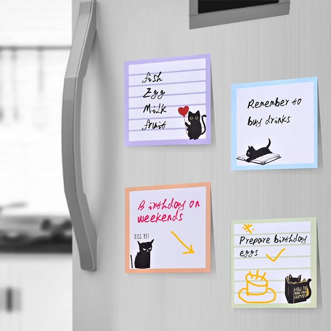 Sticky Notes 3x3 Cute Self-Stick Notes,6 Pack Funny Black Cat Notepad for Cat Lover Gift, Cute Cat Office Supplies, Easy Post Sticky Notes 480 Sheet Total