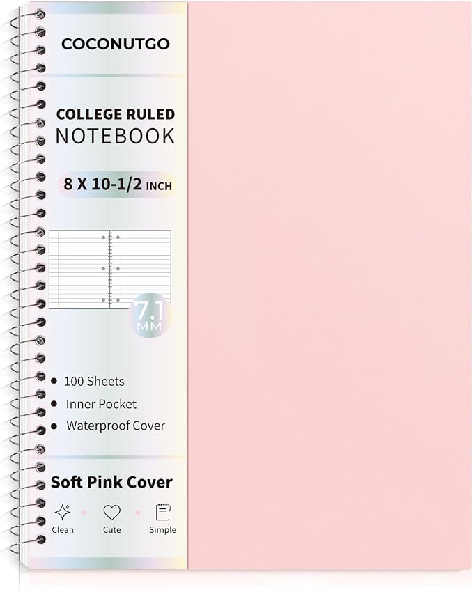 Pastel Pink Spiral Notebook, 1 Subject College Ruled, 10.5 x 8 in, 100 Sheets, 3-Hole Punched Perforated Pages, Flexible Plastic Cover, Double Pocket Folder for School Notes