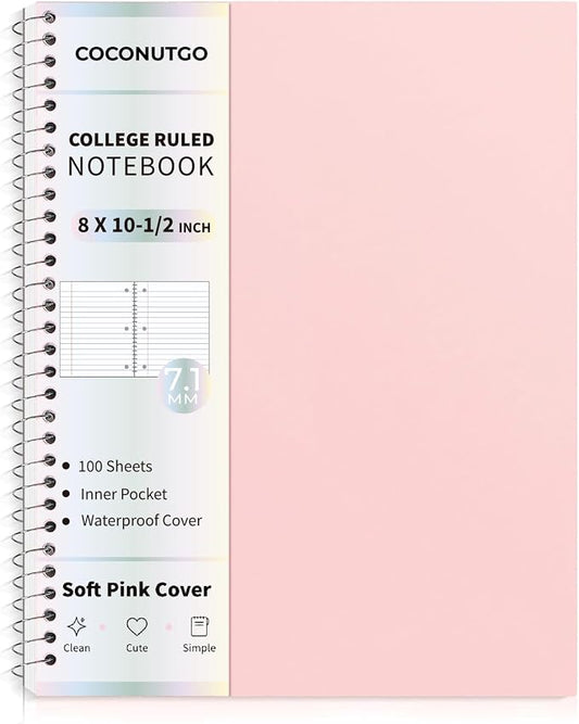 Pastel Pink Spiral Notebook, 1 Subject College Ruled, 10.5 x 8 in, 100 Sheets, 3-Hole Punched Perforated Pages, Flexible Plastic Cover, Double Pocket Folder for School Notes