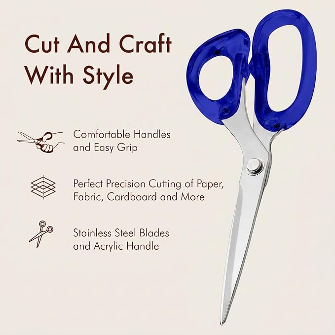 OfficeGoods 9” Stainless Steel Acrylic Scissors for Office and Home - Aesthetic and Sharp All Purpose Scissors, Perfect for Sewing, Arts and Crafts - Blue Silver Metal
