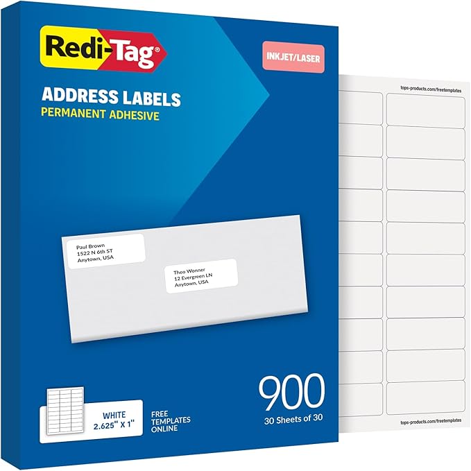 Redi-Tag 1" x 2.63" Address Labels, 900 per Pack, White, Laser and Inkjet Printer Labels, 1" x2-5/8, Self-Adhesive, Permanent Stick, Smudge-Resistant, Perfect for Mailing, Office, and Home Use