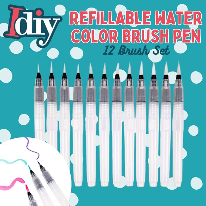 Refillable Watercolor Brush Pens Set of 12 – Water Brush Pens with 3 Tip Sizes (3mm, 4mm, 5mm) – Nylon Point Tips for Painting, Lettering, Calligraphy & DIY Crafts – Easy Flow Control & Easy to Clean