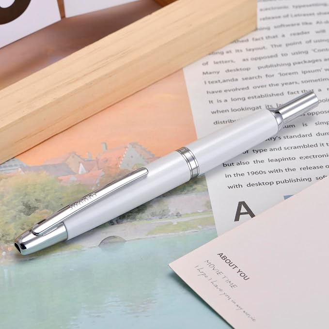 Jinhao 10 Press Fountain Pen with Box, Pearl White Retractable Fine Nib with Converter Set (Silver Clip)