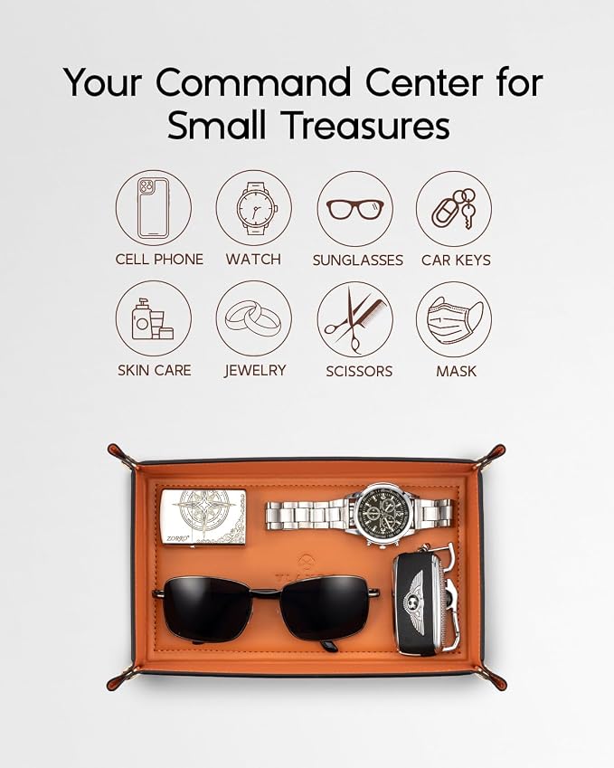 VLANDO Valet Tray, Foldable PU Leather Catchall Tray, Orange Black | Travel Valet Tray for Keys, Wallet, Watch, Phone and Glasses, Nightstand Dresser Desk Entryway Organizer for Men and Women