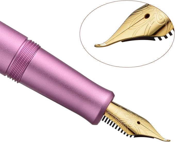 HONG DIAN M2 Mini Fountain Pen with Bent Nib, Sleek Shape Aluminium Short Pocket Travel Pen (Lilac Purple)