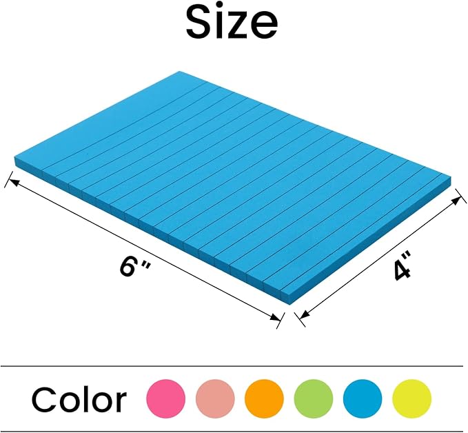 6 Pack 4x6 Lined Sticky Notes, 270 Sheets Super Sticky Memo Pads with Lines | Colorful Self-Stick Notes for Office, School, Teacher Supplies, Study Notes, To Do Lists & Daily Reminders
