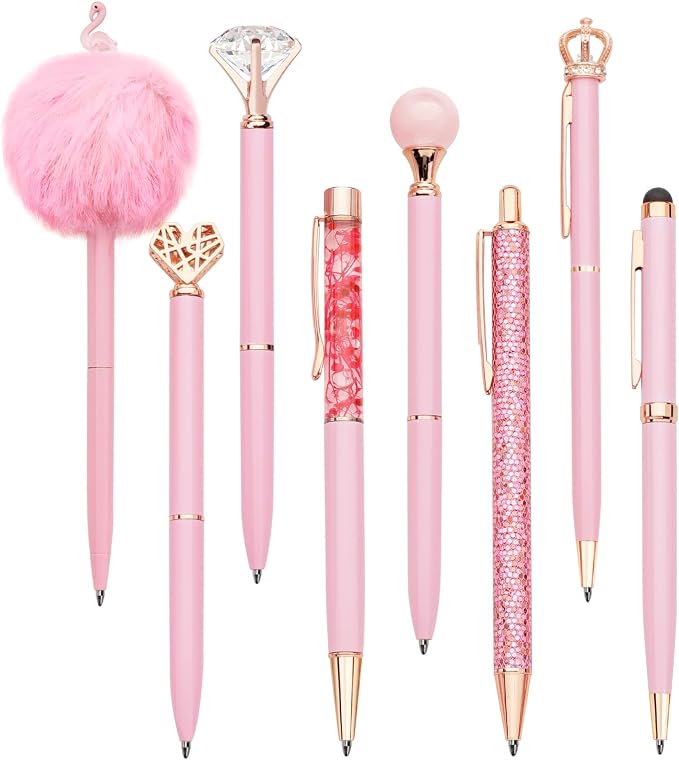 WEMATE 8Pcs Pink Pens, Metal Crystal Diamond Pens with Black & Blue Ink | Fancy Pens for Journaling, Office & Gift Supplies for Women Girls, Birthday and Back to School