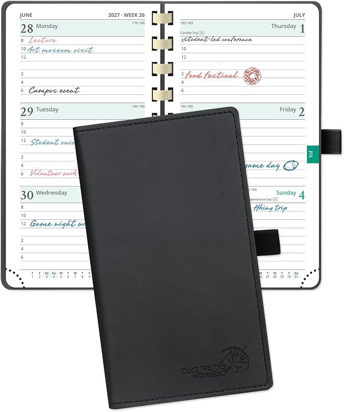 POPRUN 2027 Pocket Planner (Slim 3.5'' x 6.5'') Weekly and Monthly Calendar | 2027 Pocket Calendar(Jan - Dec) Appointment Book with Hourly Time Slots, Monthly Tabs, Spiral Leather Cover - Black