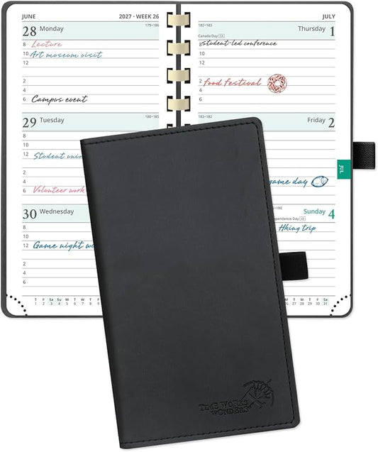 POPRUN 2027 Pocket Planner (Slim 3.5'' x 6.5'') Weekly and Monthly Calendar | 2027 Pocket Calendar(Jan - Dec) Appointment Book with Hourly Time Slots, Monthly Tabs, Spiral Leather Cover - Black