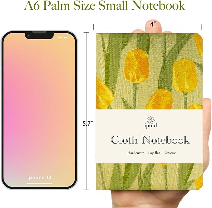 Pocket Notebook, A6, 4x6, Small Embroidered Journal, Cute Notebook, Lay Flat, Hardcover, Lined Notebook & Sketchbook, Note Taking Notebook, Beautiful Journal for Women, Tulip Flower