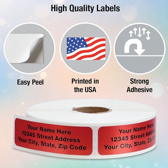 Colorful Images Red Metallic Foil Rolled Return Address Mailing Labels with Dispenser, Customize with Name & Shipping Address, 500 Self Adhesive, Easy Peel Sticker Label Roll, 3/4" x 2 1/2"
