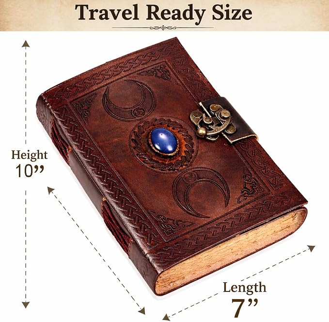 cuero 3 Moon Blue Lapis Embossed Vintage Leather Journal for Men & Women - 140 Pages, Antique Handmade Deckle Edge Vintage Paper, Leather Journal Writing Notebook Dairy Gift (7 inch by 10 inch, Brown) [Unknown Binding]