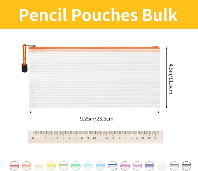 EOOUT Pencil Pouch 40pcs 9.5x4.5 Inches Small Mesh Zipper Pouch in 15 Colors for Bill Travel Tickets Storage and Office Supplies Storage